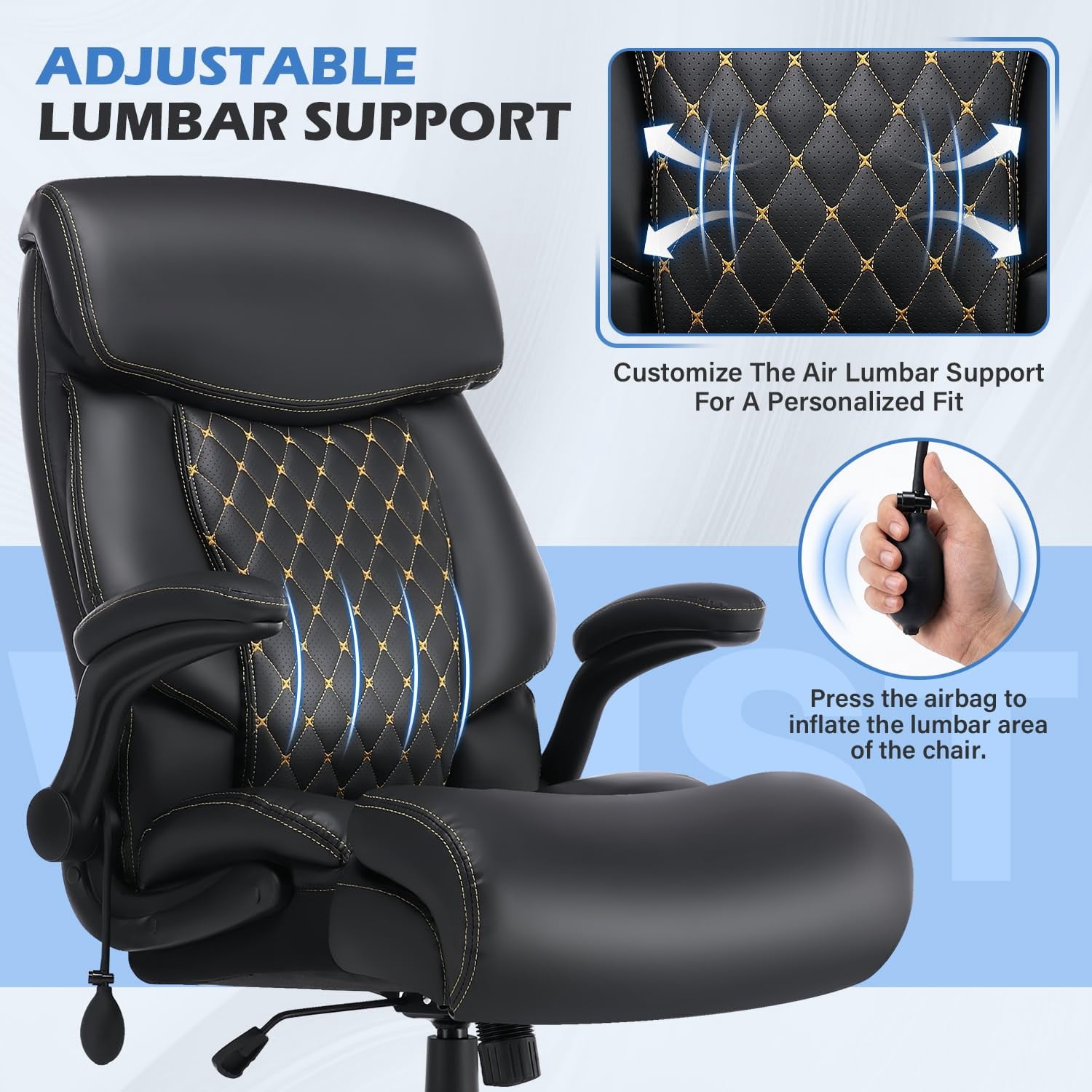 JONPONY Leather Office Chair, Big and Tall Office Chair 400LBS Wide Seat Ergonomic Computer Desk Chair High Back Executive Leather Chair Adjustable Task Chair Lumbar Back with 1-Year Warranty, Black