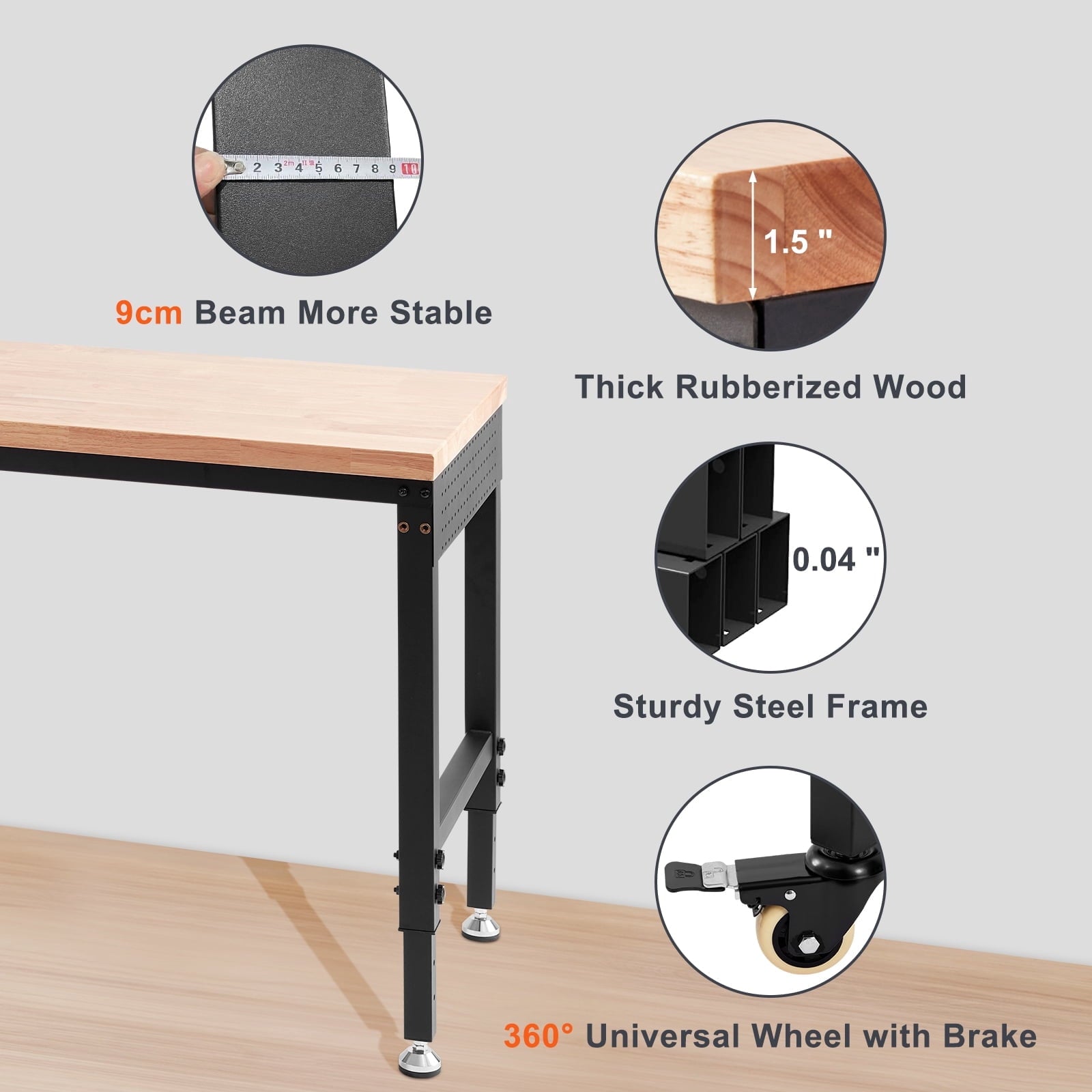 KFFKFF Movable Workstation, 72 L X 25 W, Equipped with Universal Casters, Adjustable Heights from 28-39.5, Can Bear Up to 3000 LBS, Comes with Power Sockets