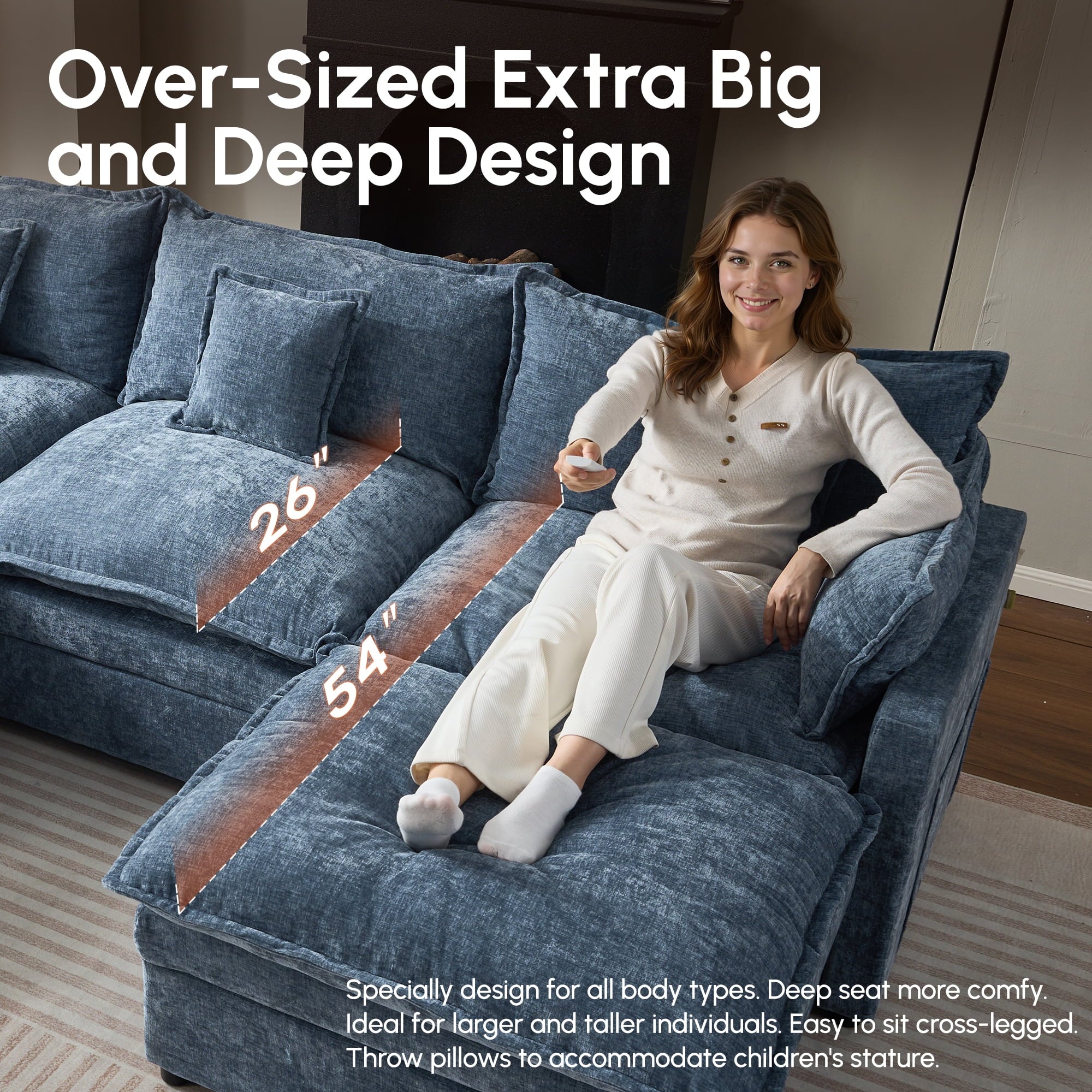 Ovios 108 Modular Sectional Sofa U-Shaped Cloud Couch with 2 Ottomans, Comfy Living Room Furniture, Chenille, Gray