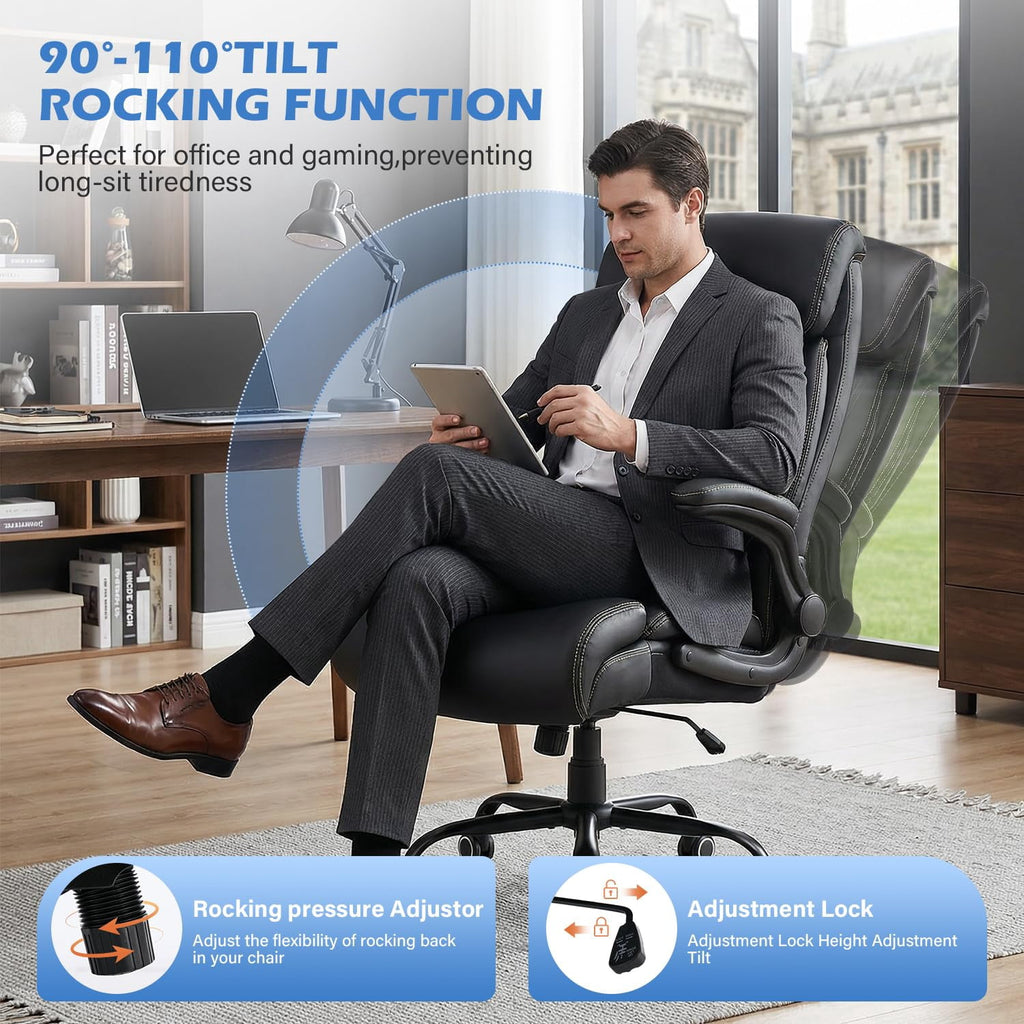 JONPONY Leather Office Chair, Big and Tall 500lbs Ergonomic Desk Chairs with Back Support, Executive Leather Chair with Wheels for Home Office, with Adjustable Padded Armrest & Lumbar Support , Black