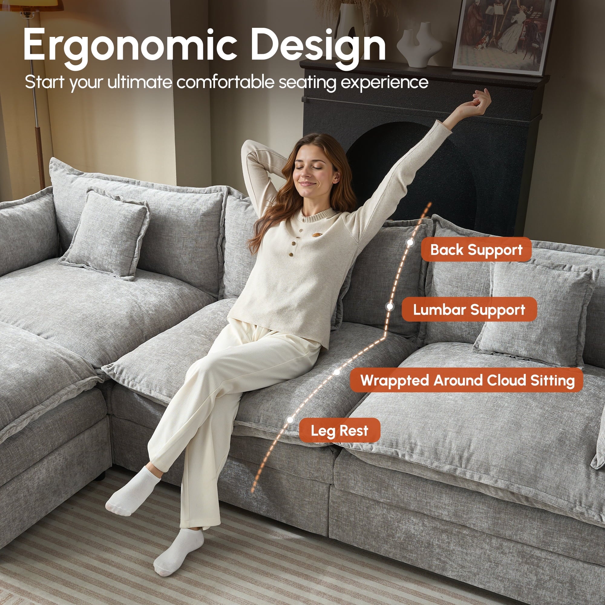 Ovios 108 Modular Sectional Sofa U-Shaped Cloud Couch with 2 Ottomans, Comfy Living Room Furniture, Chenille, Camel