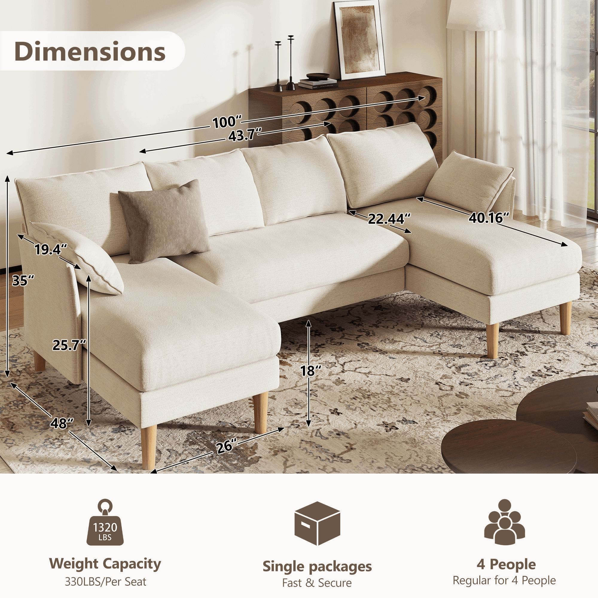 BedLuxury 100 U-Shape Sectional Sofa with Chaise, Chenille Modern Couch with High Legs for Living Room, Apartment, Beige