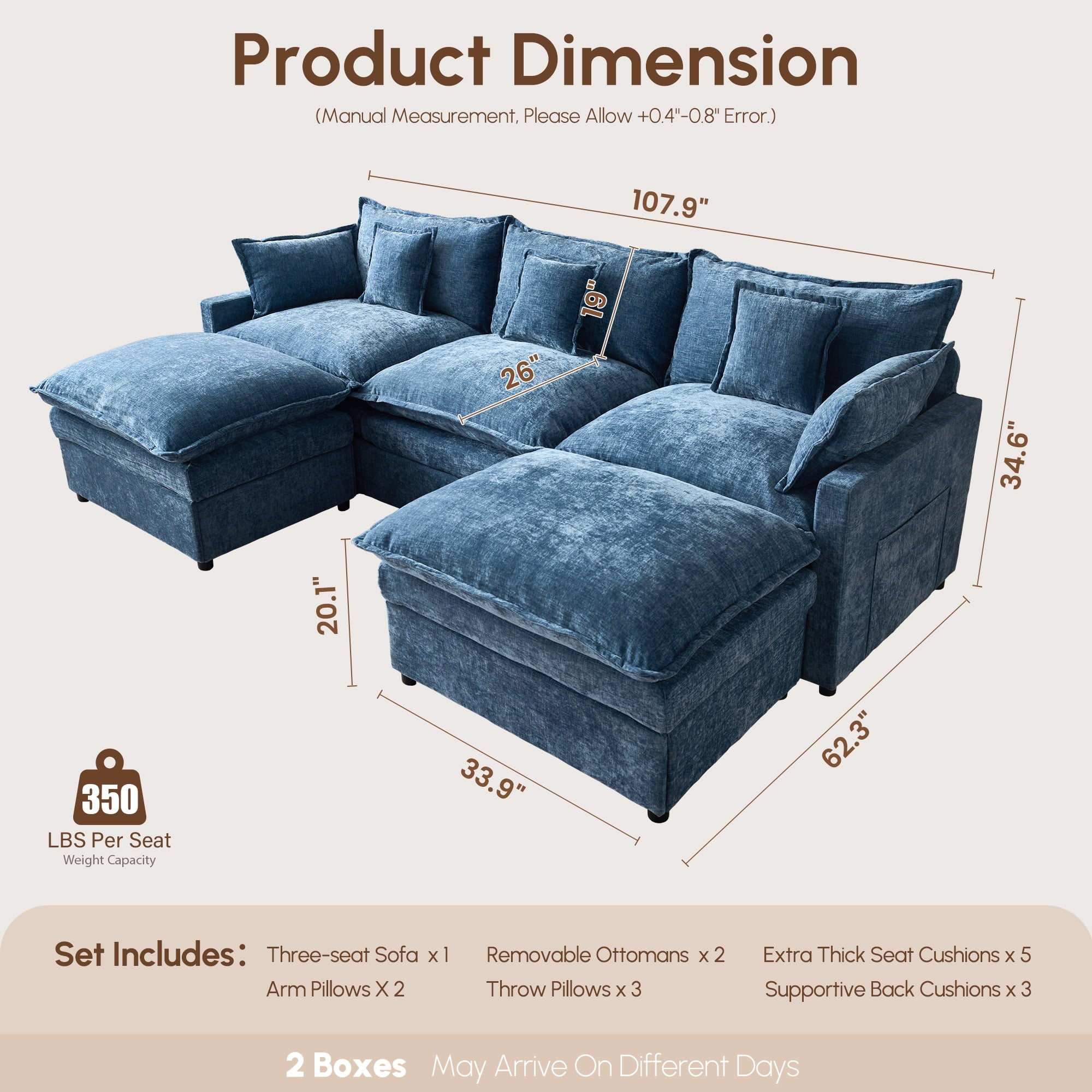 Ovios 108 Modular Sectional Sofa U-Shaped Cloud Couch with 2 Ottomans, Comfy Living Room Furniture, Chenille, Camel