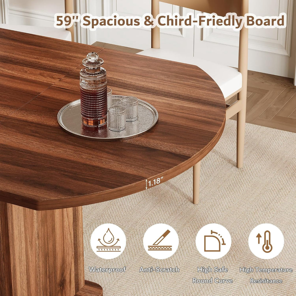 iPormis Extendable Round Dining Table for 4-6, 59'' Modern Kitchen Table with 2-Tier Storage Shelf, Wood Door, MDF Board, Space Saving Oval Dinner with Sturdy Pedestal Base, Kitchen, Dining,Walnut