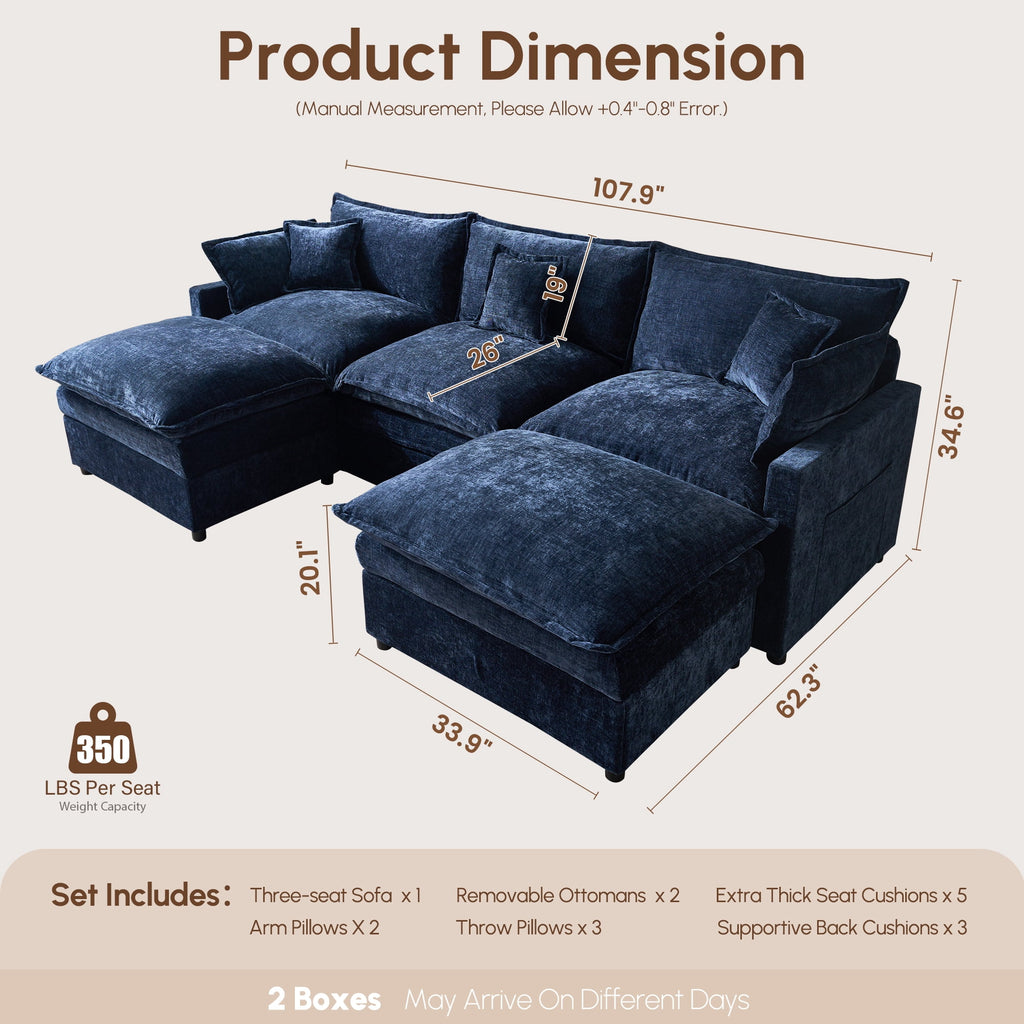 Ovios 108 Modular Sectional Sofa U-Shaped Cloud Couch with 2 Ottomans, Comfy Living Room Furniture, Chenille, Dark Blue