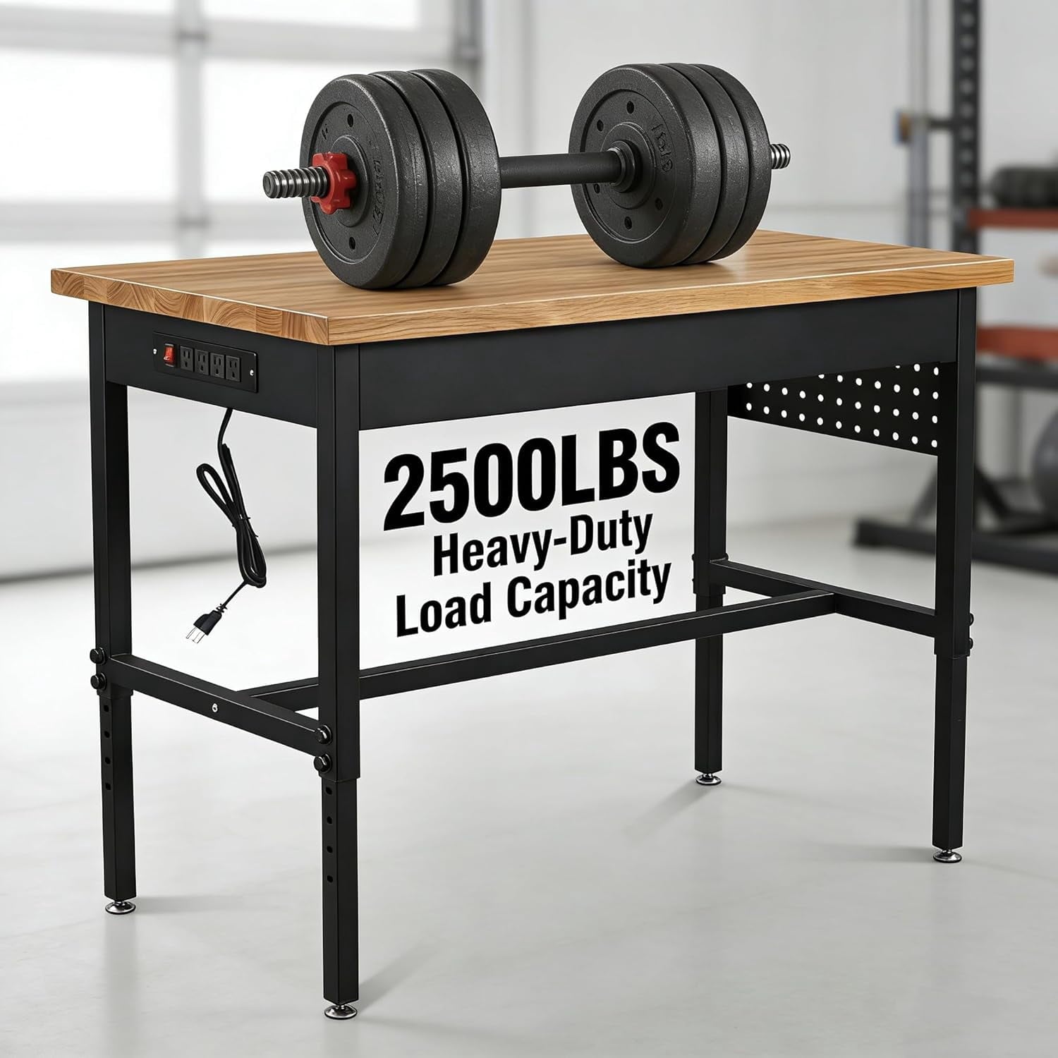 70 Inch Adjustable Workbench with Power Outlet Heavy Duty 2500 LBS Load Capacity Hardwood Work Table for Garage 6 Level Height Adjustable Workshop Bench with Wheels (70x22)
