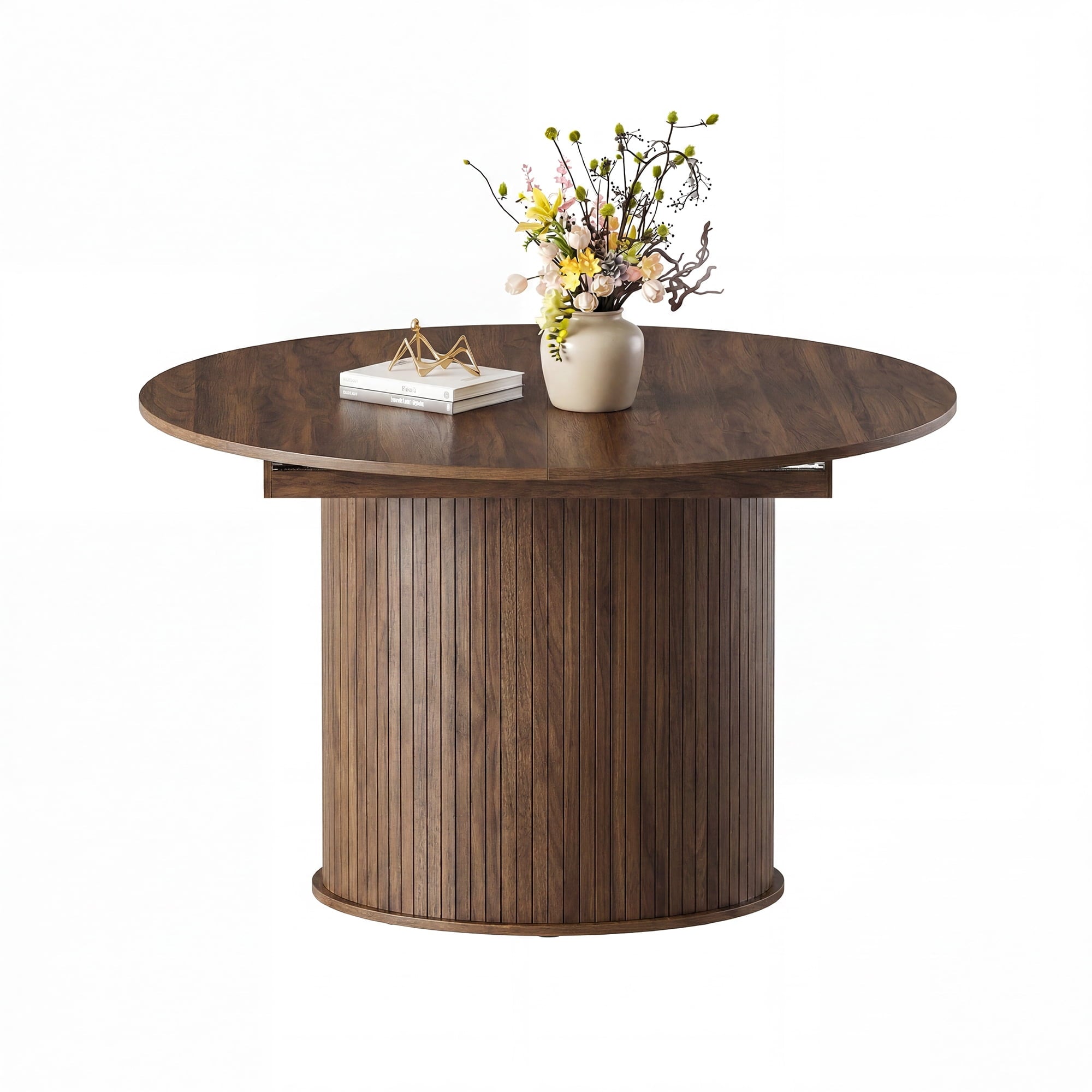EOP 47″- 63″ Extendable Round Dining Table for 4-6, Wooden Kitchen Table with Hidden Storage and Fluted Sliding Door Cabinet, Modern Space-Saving Table for Dining Room Kitchen, Natural Wood