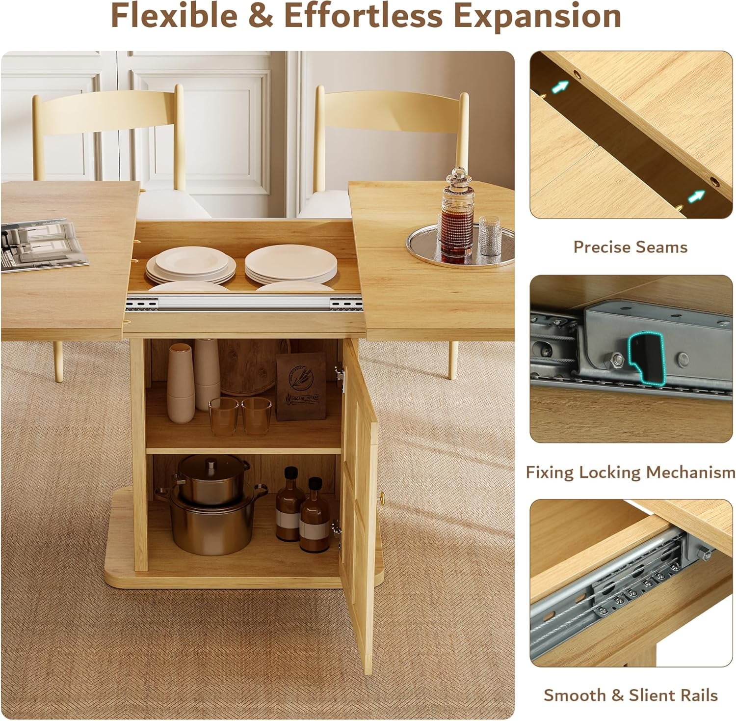 iPormis Extendable Round Dining Table for 4-6, 59'' Modern Kitchen Table with 2-Tier Storage Shelf, Wood Door, MDF Board, Space Saving Oval Dinner with Sturdy Pedestal Base, Kitchen, Dining, Natural
