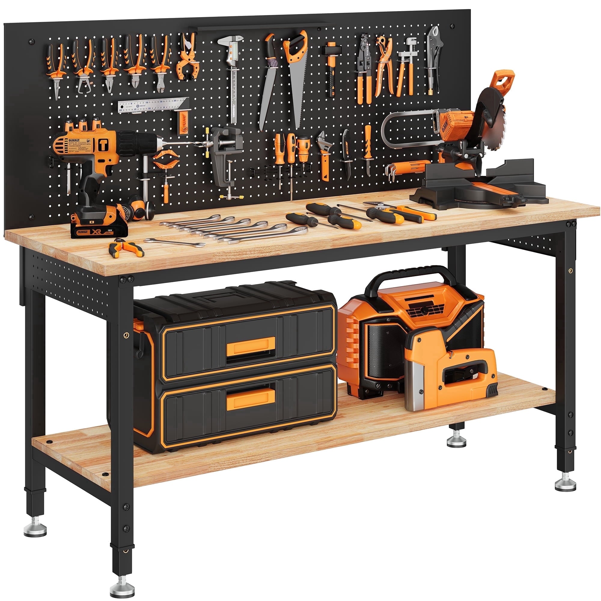 CAMMOO 48 Multifunctional Heavy Duty Workbench for Garage with Pegboard, 2000LBS Load,Adjustable Height Worktable,Storage Shelf,LED Light, Built-in Power Strip