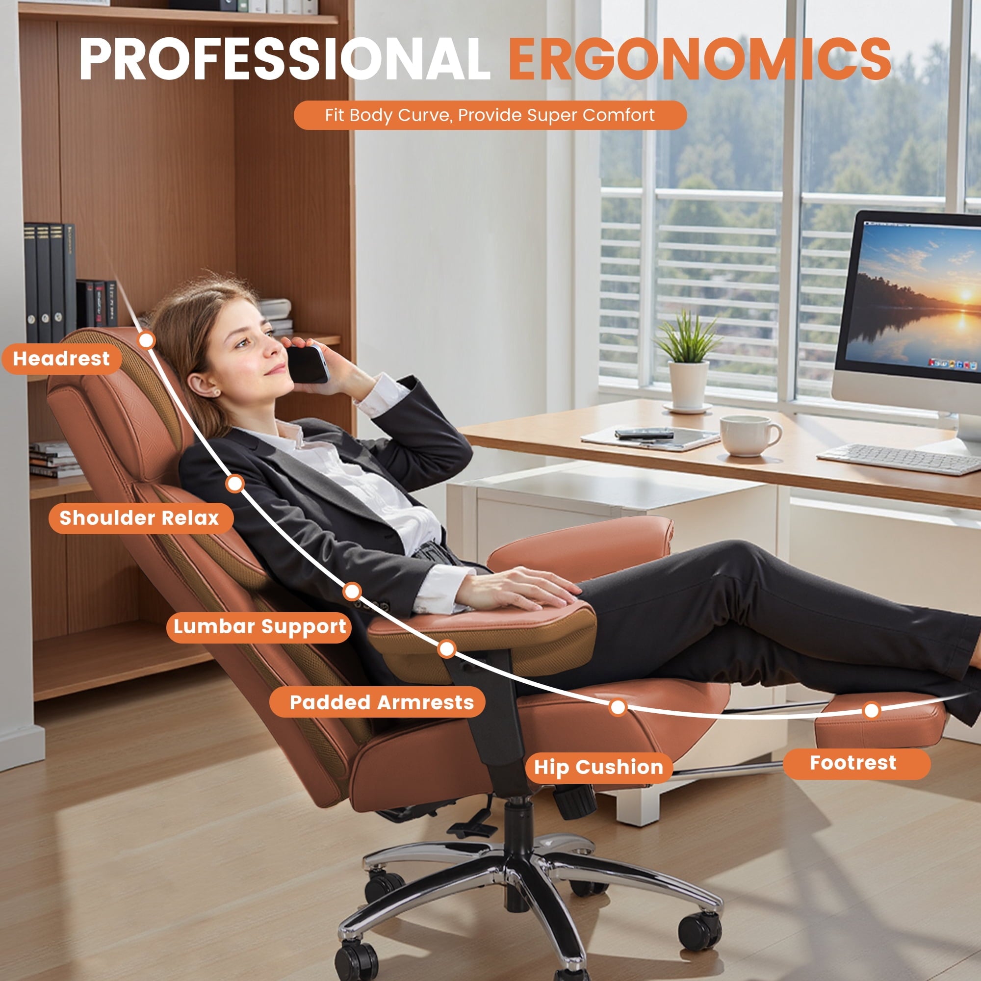 COOLHUT Big and Tall Office Chair 400LBS, Adjustable Headrest Ergonomic Computer Desk Chair, Executive Leather Chair with Adjustable Armrest, High Back Office Chair Havy Duty Design, Black