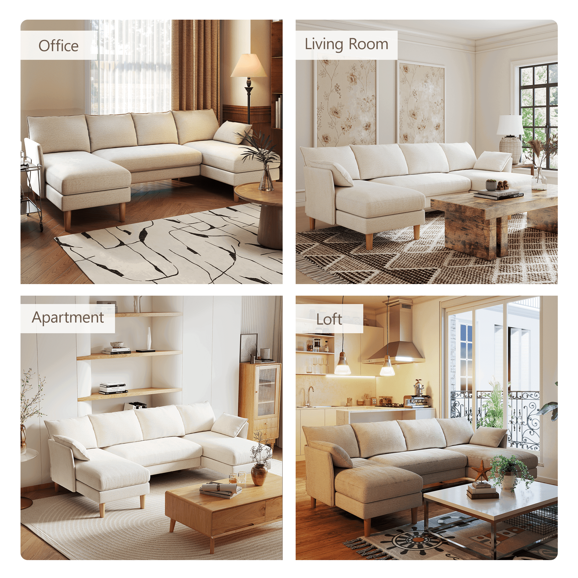 BedLuxury 100 U-Shape Sectional Sofa with Chaise, Chenille Modern Couch with High Legs for Living Room, Apartment, Gray