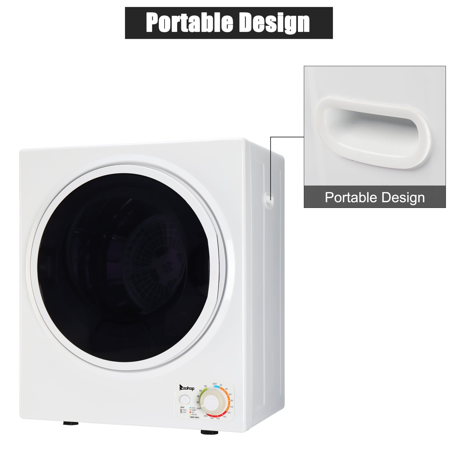 Tcbosik ZOKOP 1.6 cuft Compact Portable Household Clothes Dryer, 120V Stainless Steel Drum Dryer for Apartments, Home, Dorm, MECHANICAL Control and ETL Certification, Black & White