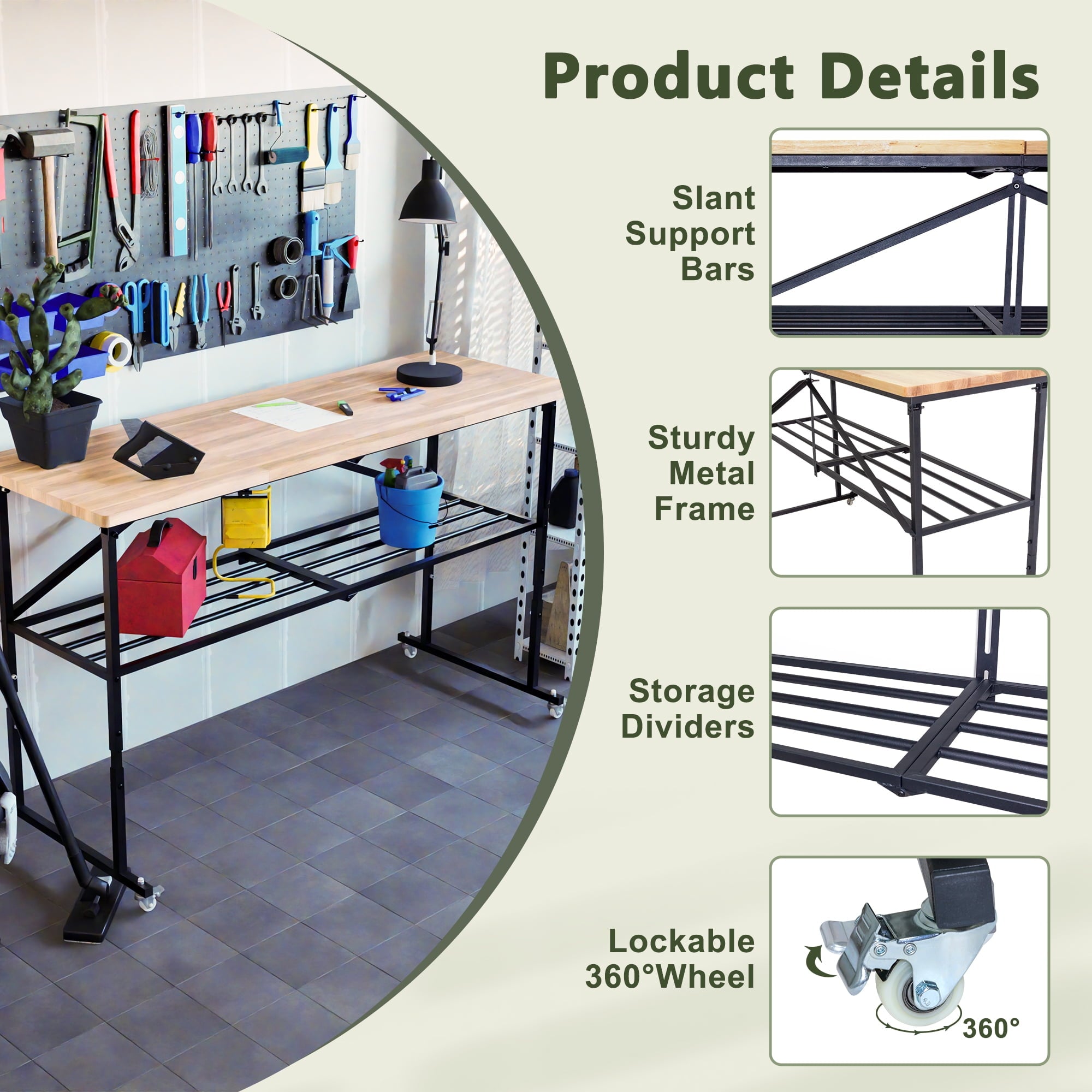 LZBEITEM 68”Large Rolling Workbench, Rubber Wood Folding Workstation , Hardwood Worktable Adjustable Height, 2000 lbs Capacity for Workshop, Garage, Office, Home, Commercial