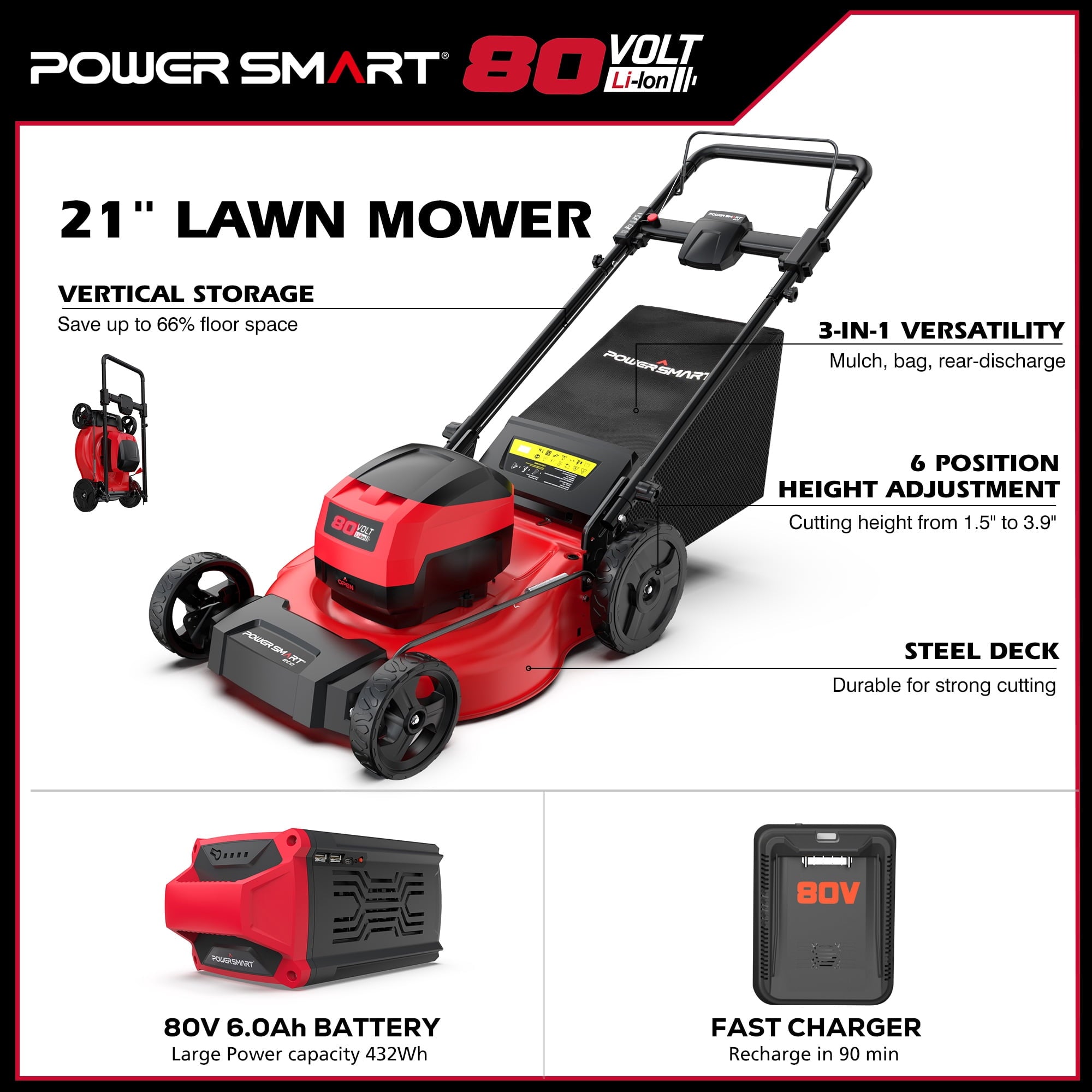 PowerSmart 80V MAX 21 Cordless Lawn Mower, 3-in-1 Brushless Electric Lawn Mower with 6.0Ah Battery and Charger