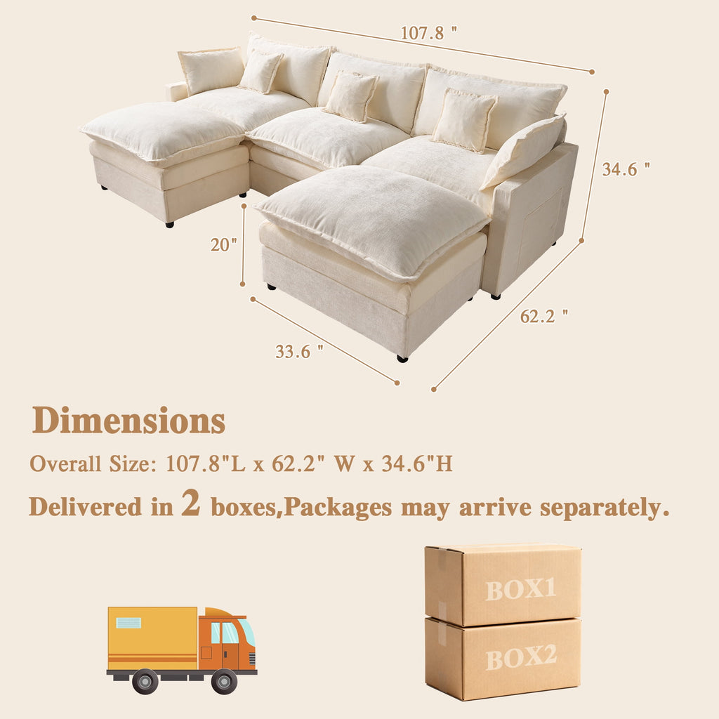 Ovios 108 Modular Sectional Sofa U-Shaped Cloud Couch with 2 Ottomans, Comfy Living Room Furniture, Chenille, Gray