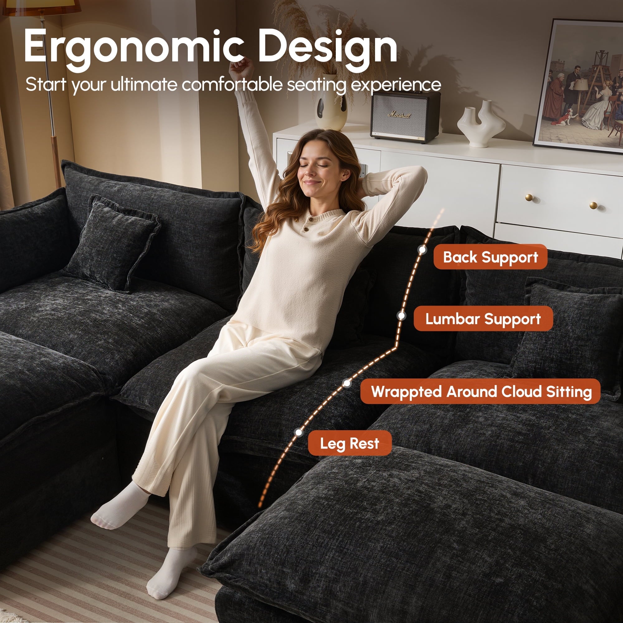 Ovios 108 Modular Sectional Sofa U-Shaped Cloud Couch with 2 Ottomans, Comfy Living Room Furniture, Chenille, Camel