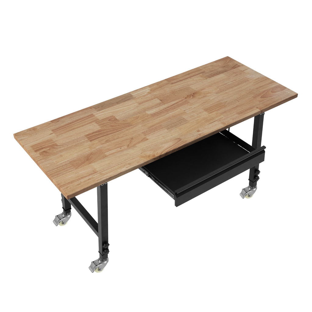 VEVOR Adjustable Workbench on Wheels, 2000 lbs Capacity, 60 x 24 Inch Oak Wood Top Workbench with Drawer & Power Outlets, Heavy-Duty Hardwood Worktable for Garage, Workshop, Home, Office, Commercial