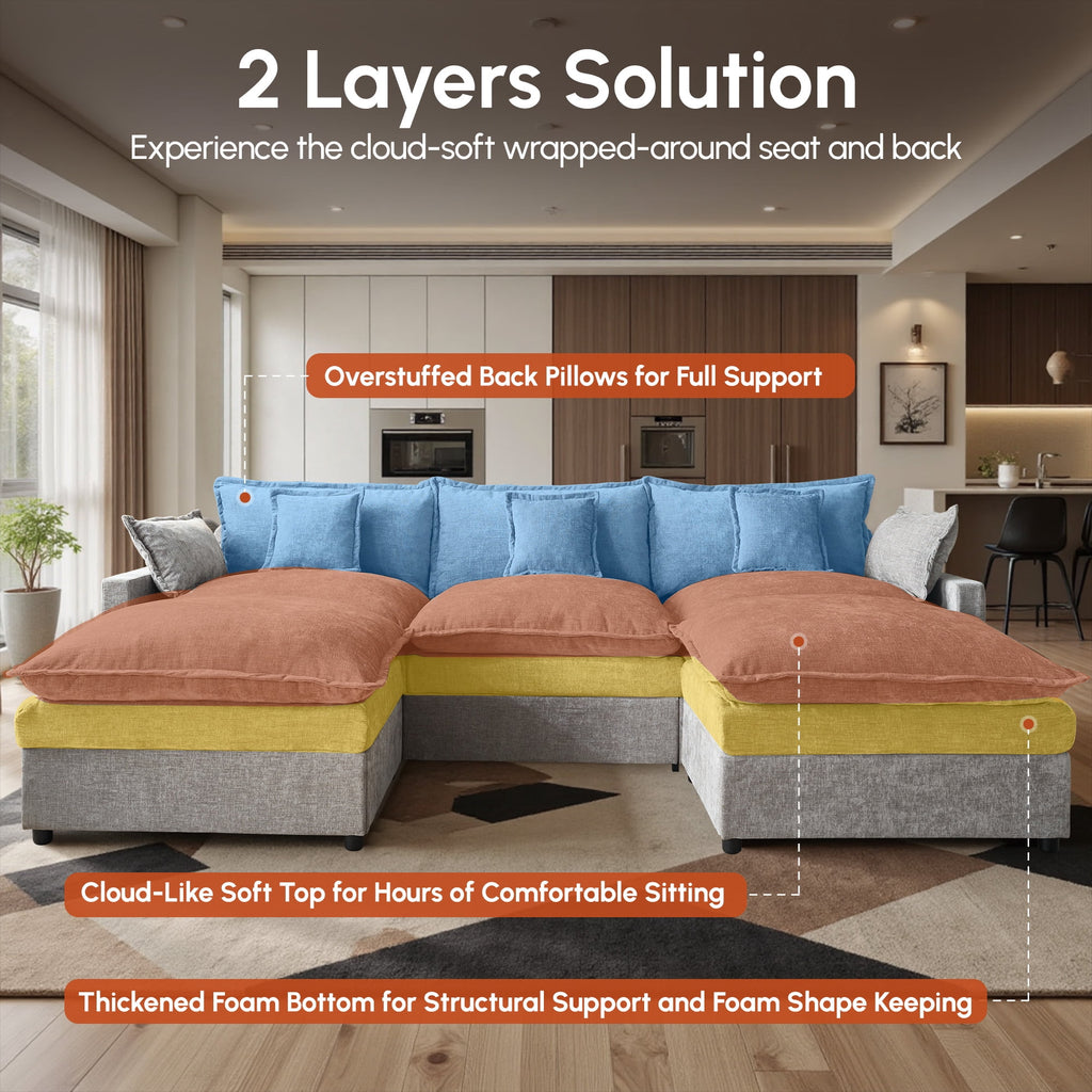 Ovios 108 Modular Sectional Sofa U-Shaped Cloud Couch with 2 Ottomans, Comfy Living Room Furniture, Chenille, Gray