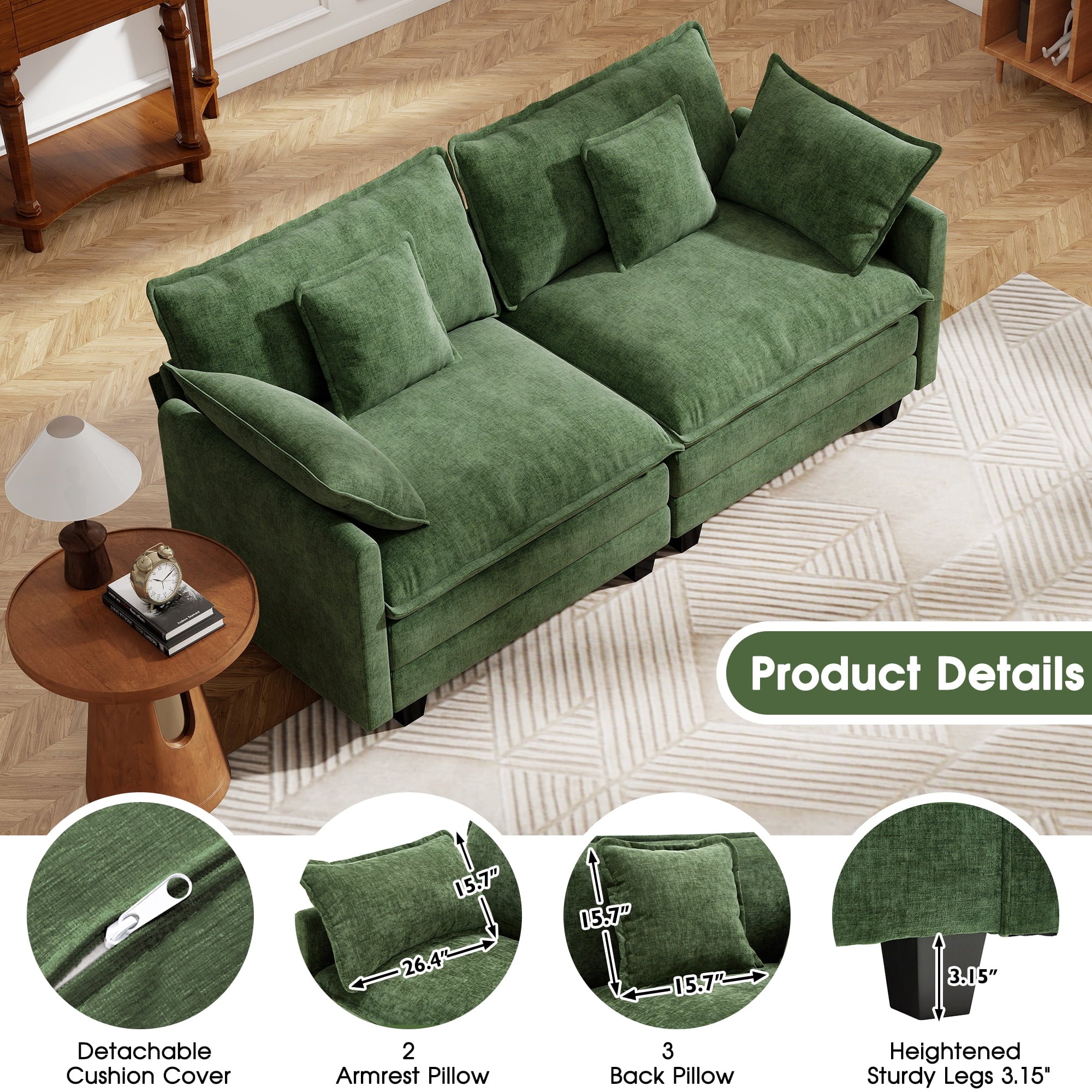 BedLuxury 111.5'' Modular Sectional Sofa with Movable Ottomans, U Shaped Cloud Couch for Living Room, 3-Seat, Grey