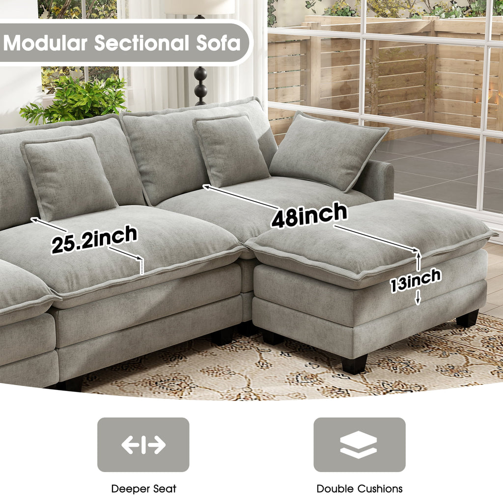 BedLuxury 111.5'' Modular Sectional Sofa with Movable Ottomans, U Shaped Cloud Couch for Living Room, 3-Seat, Beige