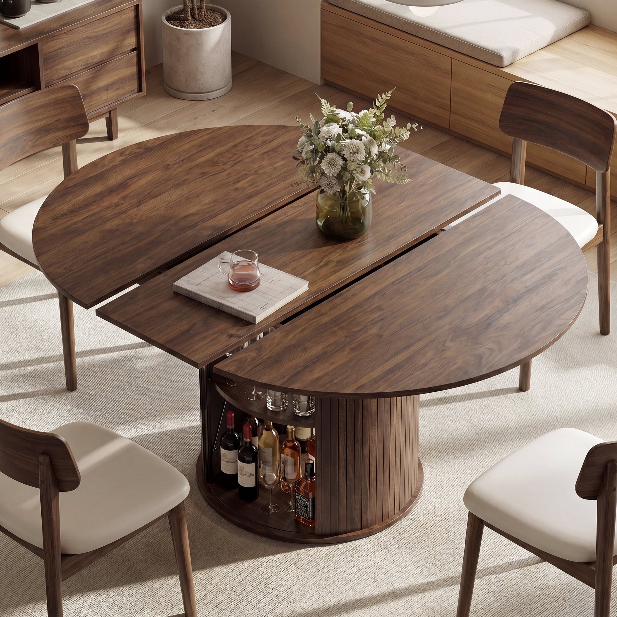 EOP 47″- 63″ Extendable Round Dining Table for 4-6, Wooden Kitchen Table with Hidden Storage and Fluted Sliding Door Cabinet, Modern Space-Saving Table for Dining Room Kitchen, Natural Wood