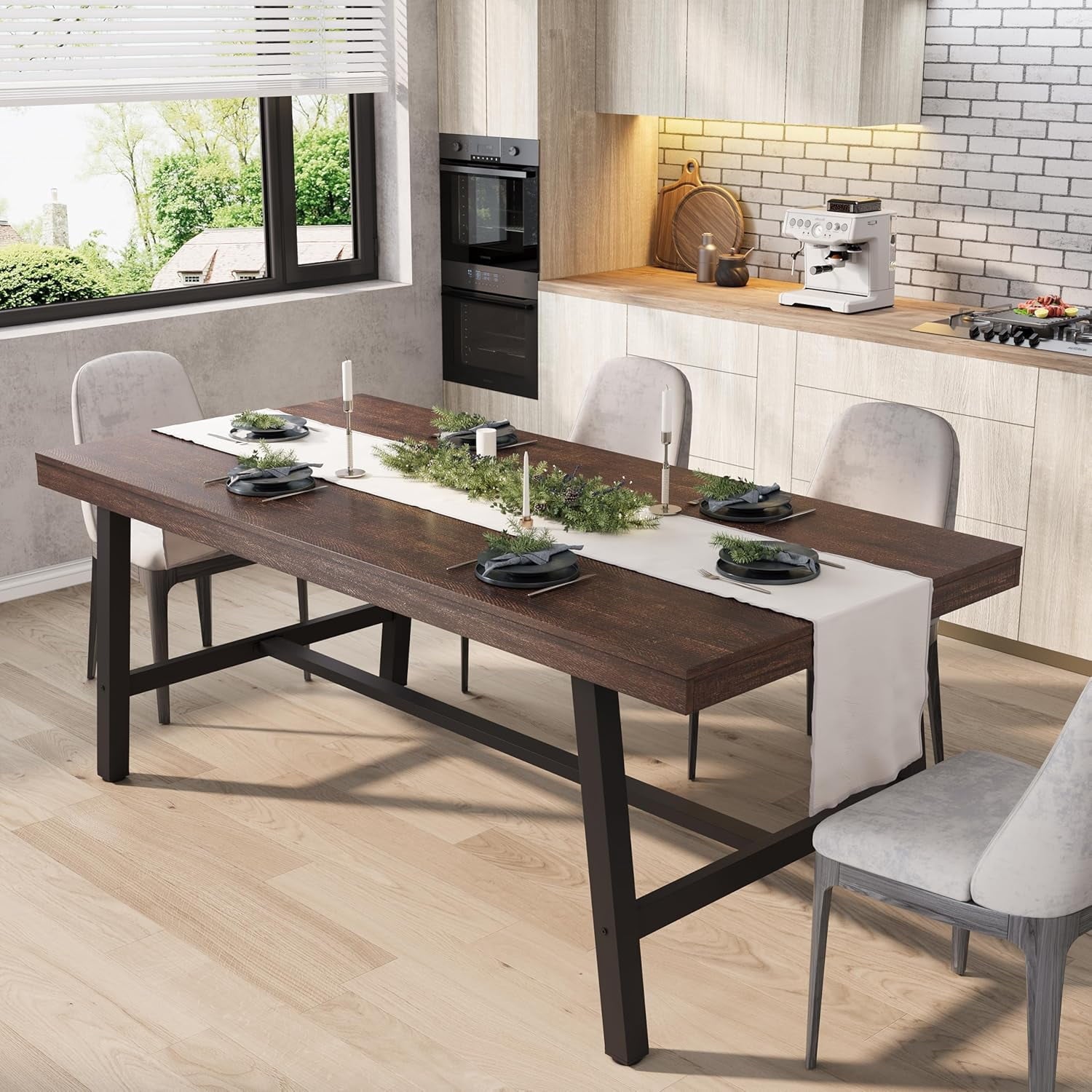 Industrial Dining Table for 6-8 People, 70.87 Long Wooden Kitchen Table with Sturdy Metal Frame & Natural Finish, Seats 6 Rectangular Counter for Dinner, Kitchen, Dining Room - Natural