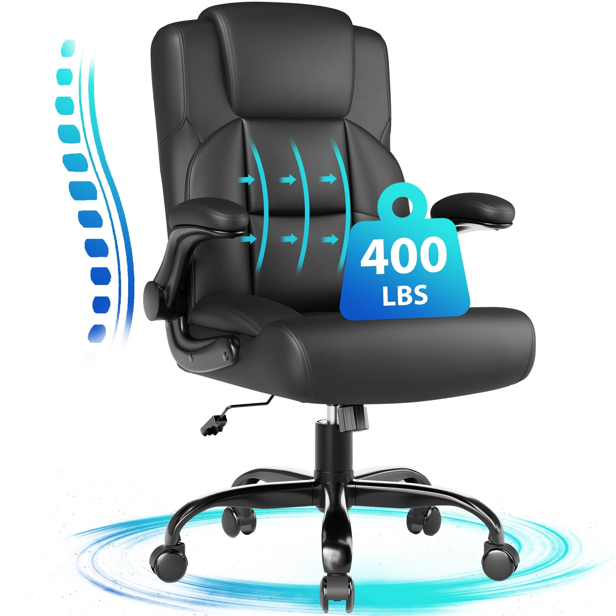 JONPONY Leather Office Chair, Big and Tall 500lbs Ergonomic Desk Chairs with Back Support, Executive Leather Chair with Wheels for Home Office, with Adjustable Padded Armrest & Lumbar Support , Black