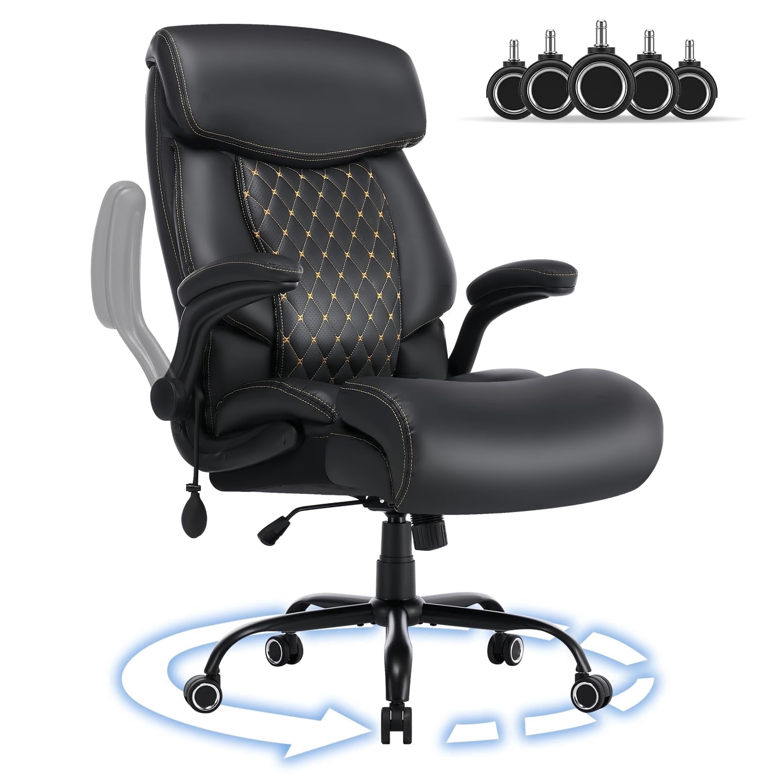 JONPONY Leather Office Chair, Big and Tall 500lbs Ergonomic Desk Chairs with Back Support, Executive Leather Chair with Wheels for Home Office, with Adjustable Padded Armrest & Lumbar Support , Black