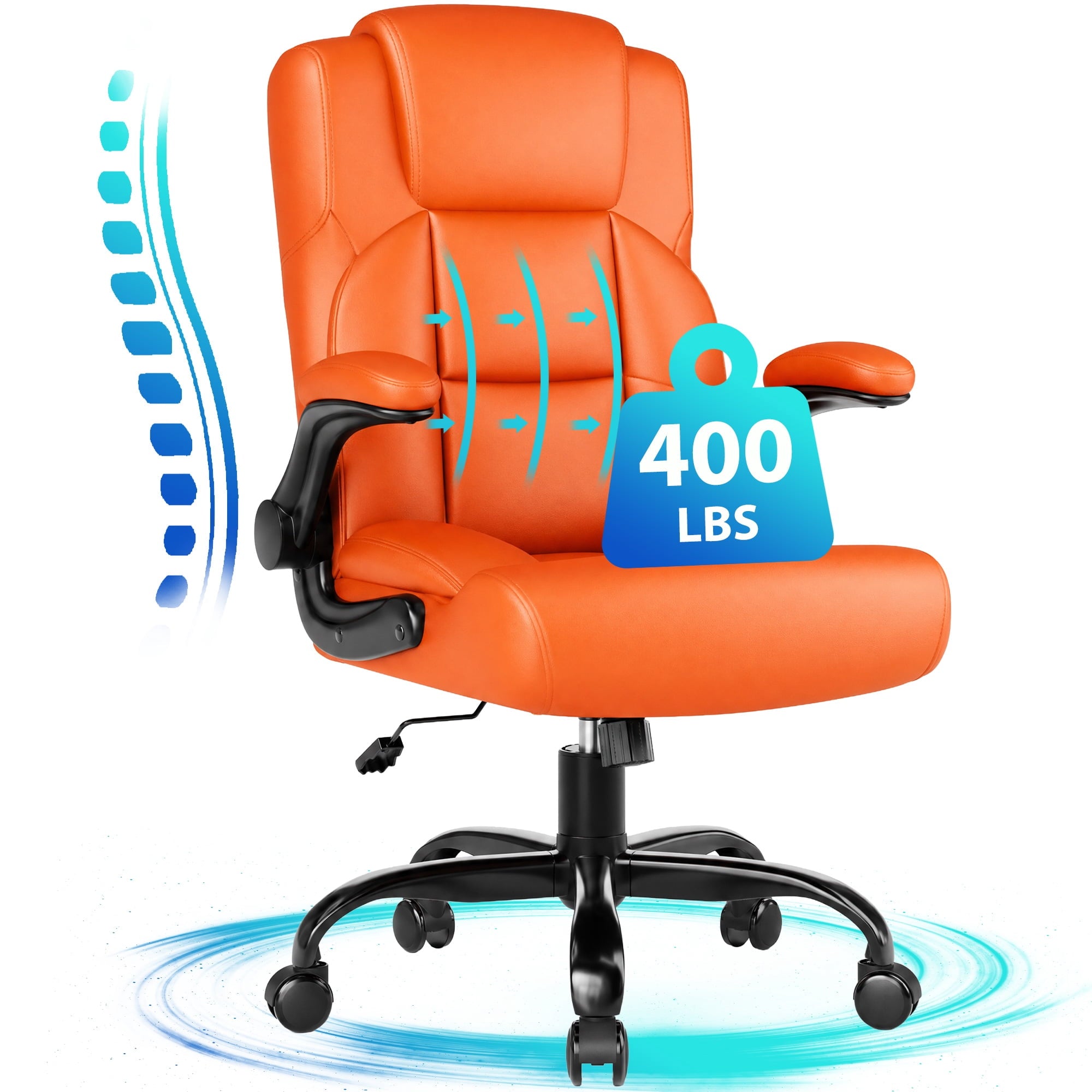 JONPONY Leather Office Chair, Big and Tall 500lbs Ergonomic Desk Chairs with Back Support, Executive Leather Chair with Wheels for Home Office, with Adjustable Padded Armrest & Lumbar Support , Black