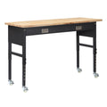 KFFKFF 60-inch Adjustable Workbench with Drawer, Power Outlet, Wheels, and Pegboard, Durable Oak Wood Top Work Table for Garage, Workshop, Office, and Home, Supports Up to 1500 lbs