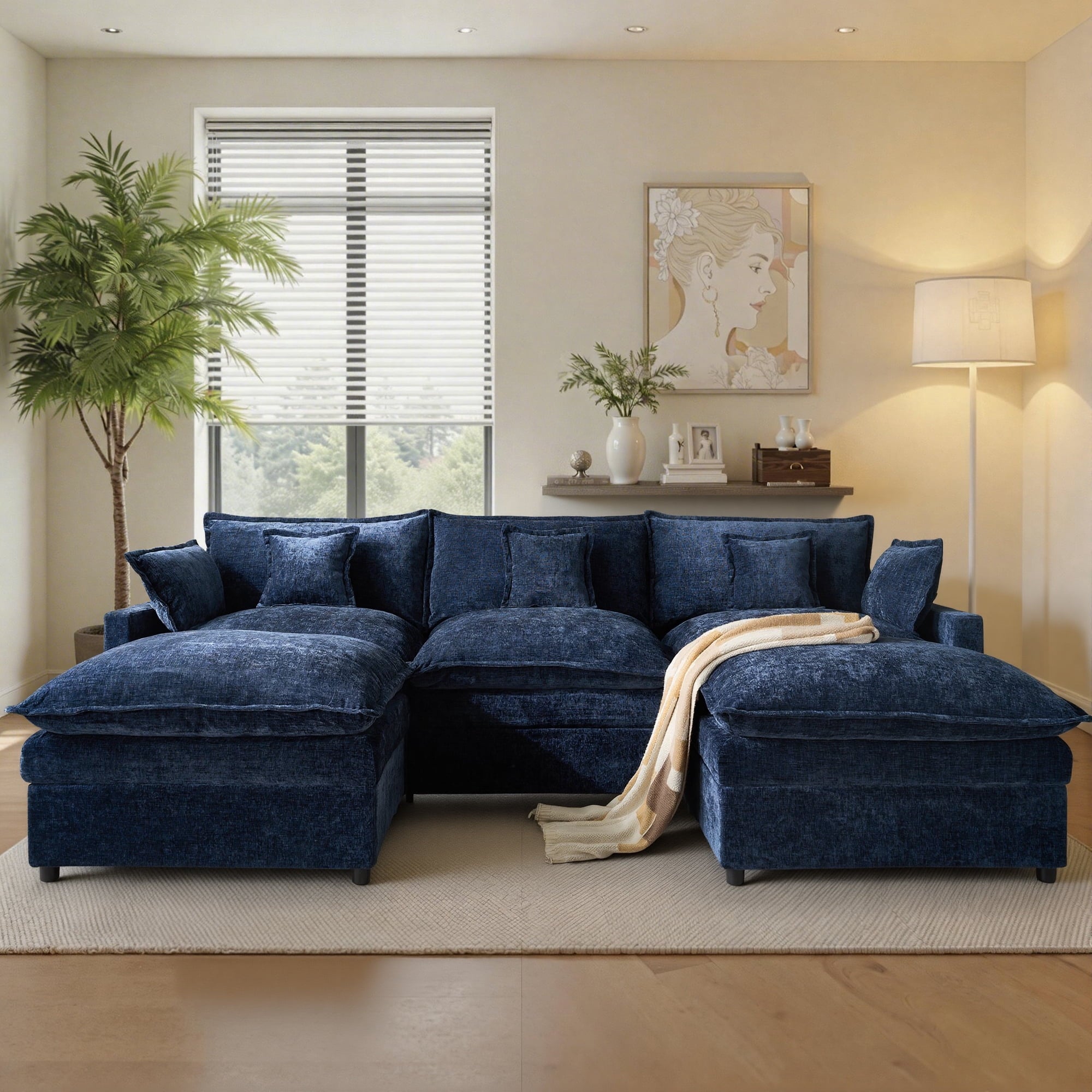 Ovios 108 Modular Sectional Sofa U-Shaped Cloud Couch with 2 Ottomans, Comfy Living Room Furniture, Chenille, Camel