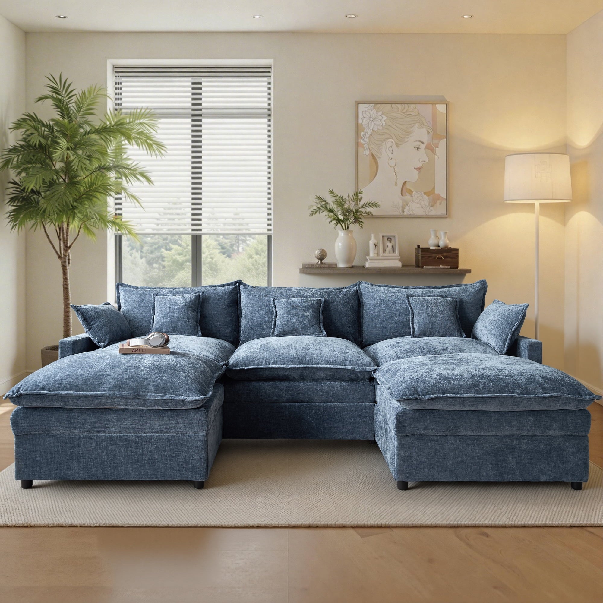 Ovios 108 Modular Sectional Sofa U-Shaped Cloud Couch with 2 Ottomans, Comfy Living Room Furniture, Chenille, Dark Blue
