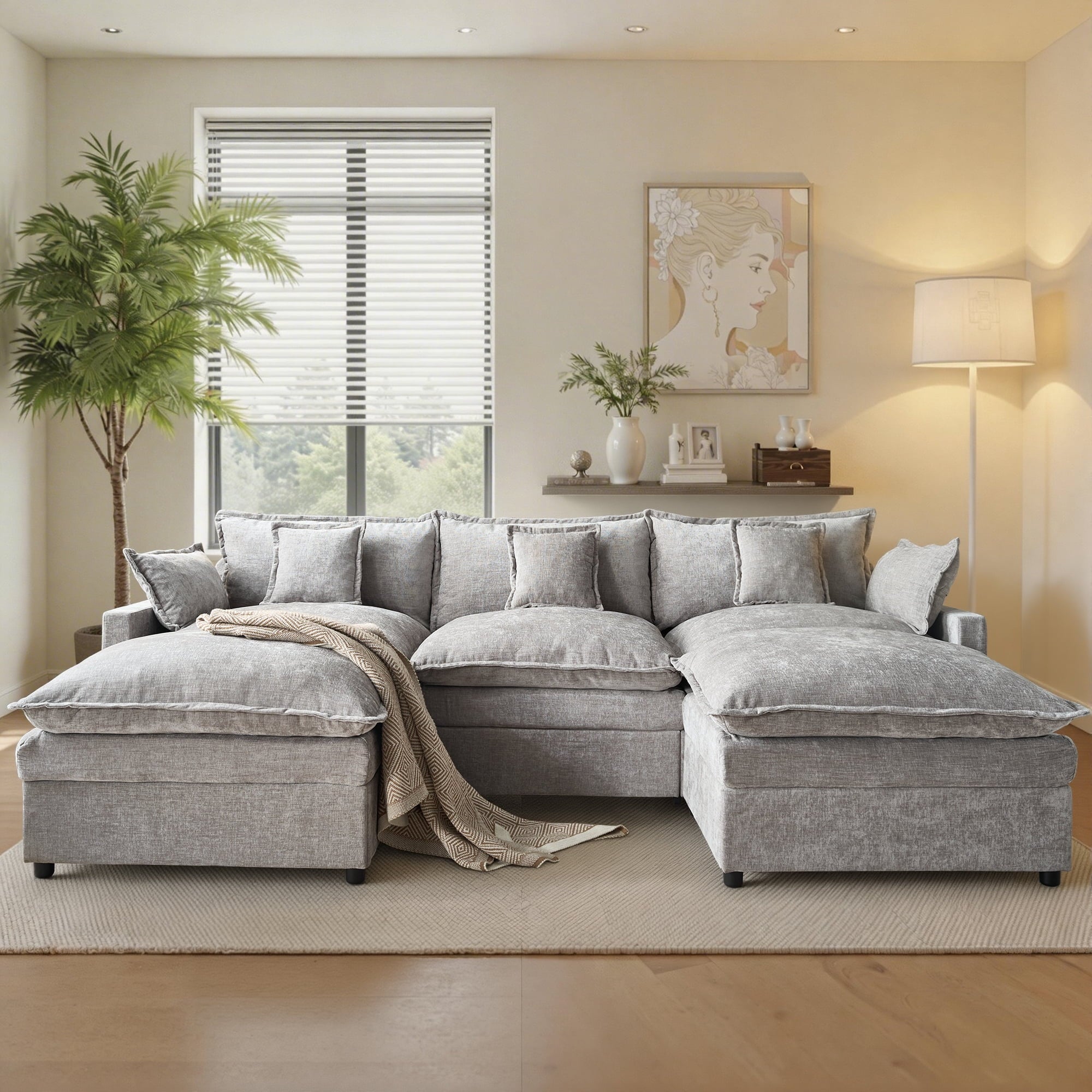 Ovios 108 Modular Sectional Sofa U-Shaped Cloud Couch with 2 Ottomans, Comfy Living Room Furniture, Chenille, Camel