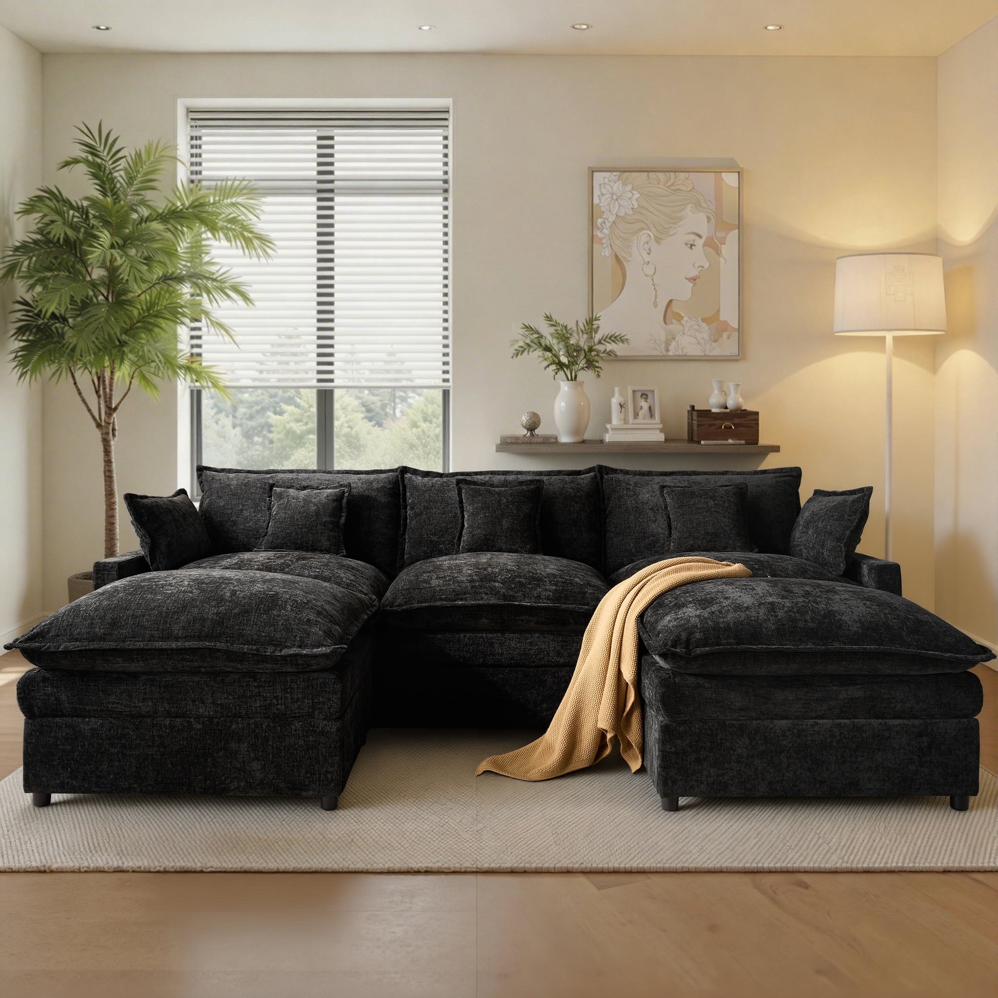 Ovios 108 Modular Sectional Sofa U-Shaped Cloud Couch with 2 Ottomans, Comfy Living Room Furniture, Chenille, Camel