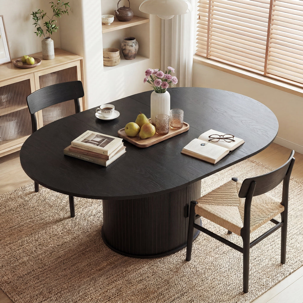 EOP 47″- 63″ Extendable Round Dining Table for 4-6, Wooden Kitchen Table with Hidden Storage and Fluted Sliding Door Cabinet, Modern Space-Saving Table for Dining Room Kitchen, Natural Wood
