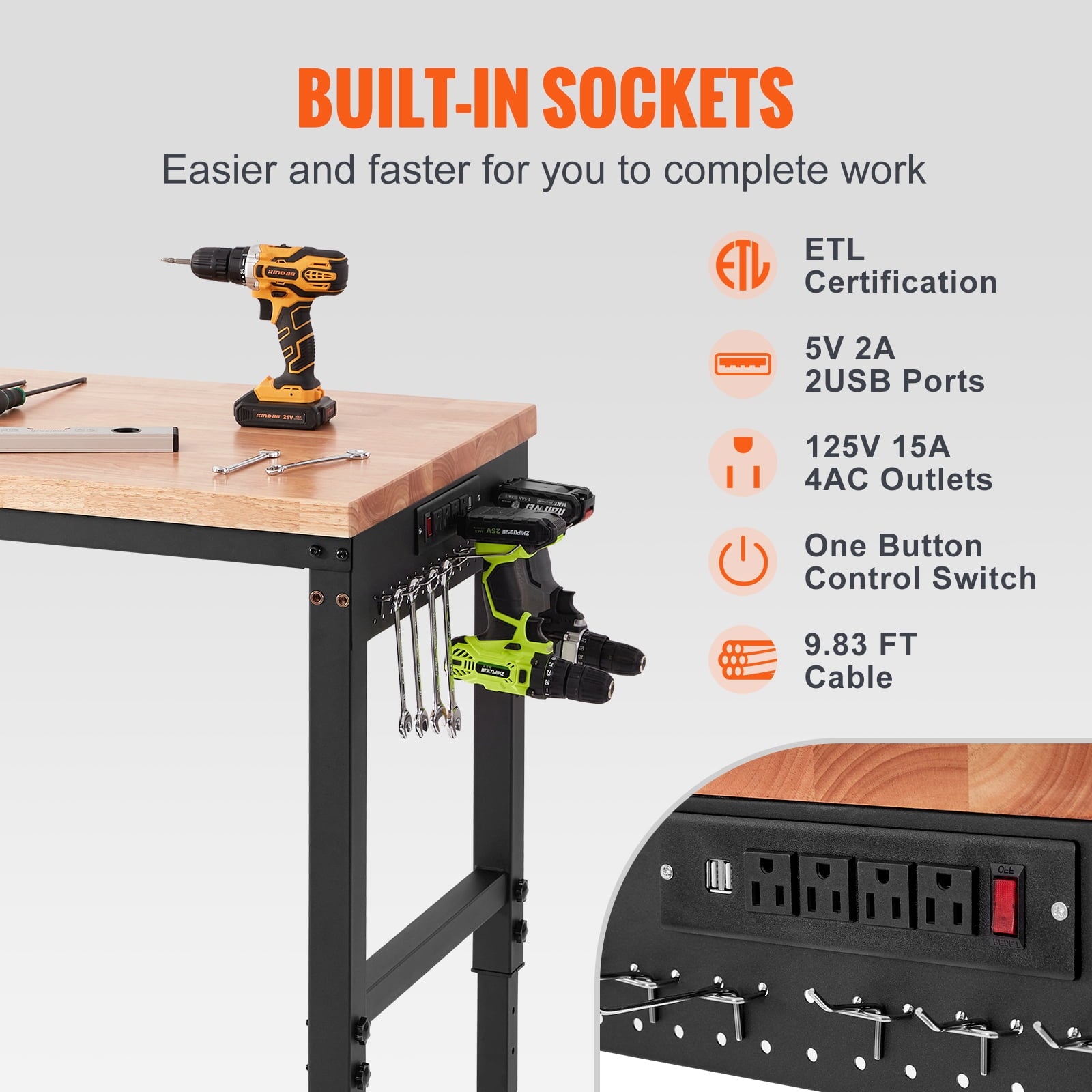 KFFKFF Movable Workstation, 72 L X 25 W, Equipped with Universal Casters, Adjustable Heights from 28-39.5, Can Bear Up to 3000 LBS, Comes with Power Sockets