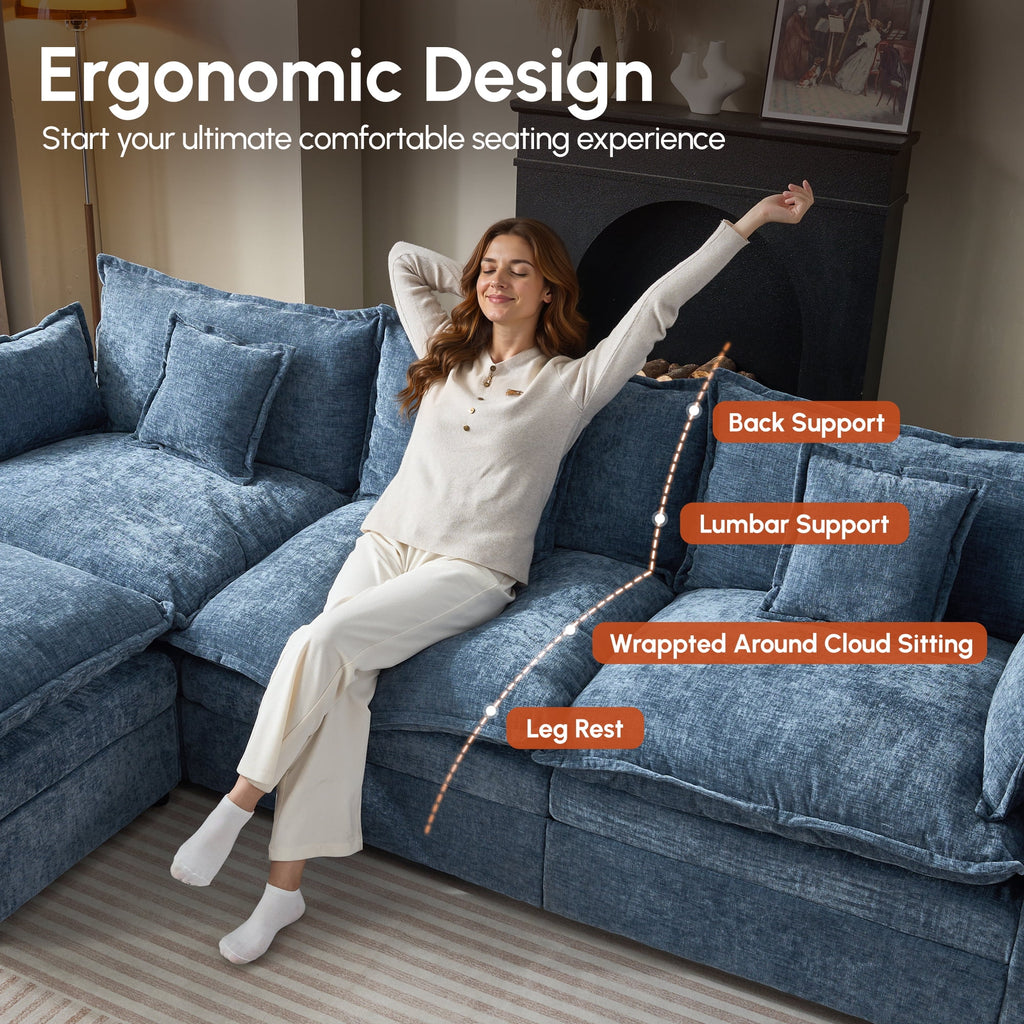 Ovios 108 Modular Sectional Sofa U-Shaped Cloud Couch with 2 Ottomans, Comfy Living Room Furniture, Chenille, Dark Blue