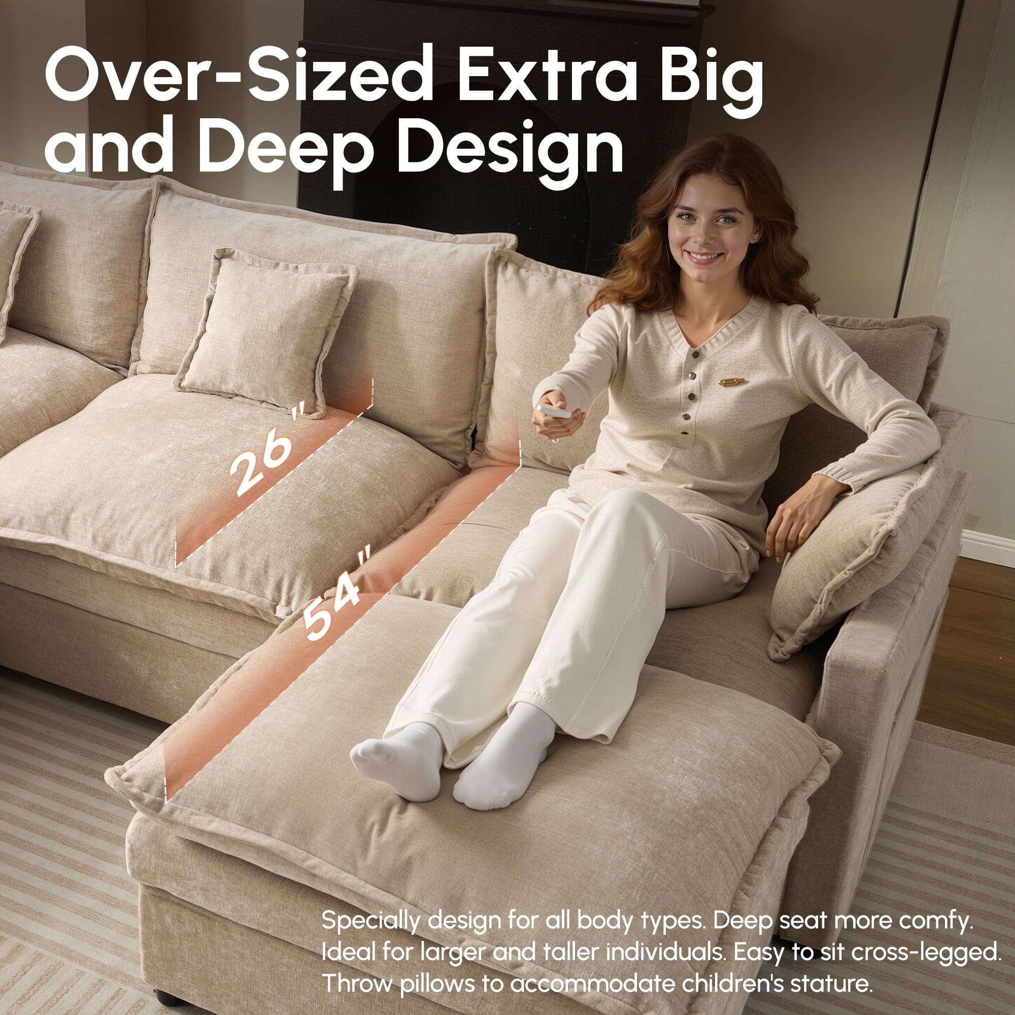 Ovios 108 Modular Sectional Sofa U-Shaped Cloud Couch with 2 Ottomans, Comfy Living Room Furniture, Chenille, Gray