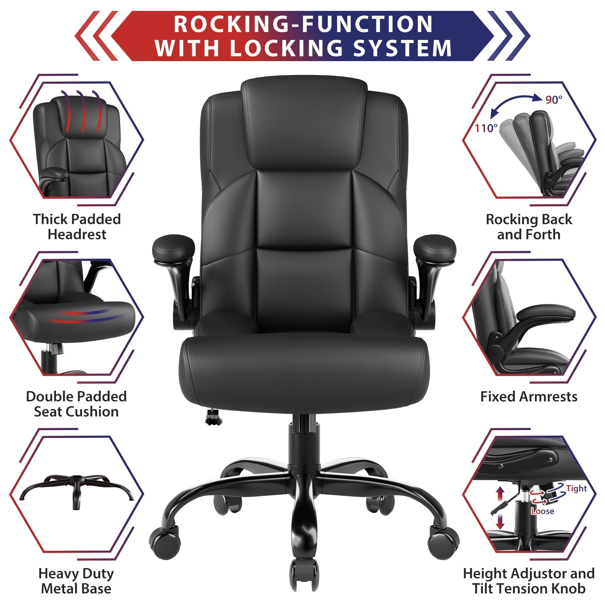 JONPONY Leather Office Chair, Big and Tall Office Chair 400LBS Wide Seat Ergonomic Computer Desk Chair High Back Executive Leather Chair Adjustable Task Chair Lumbar Back with 1-Year Warranty, Black