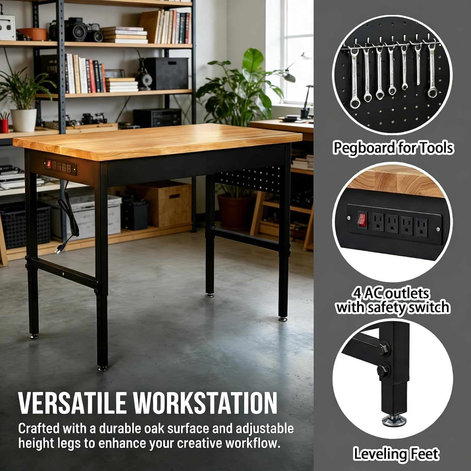 60 Inch Adjustable Workbench with Power Outlet, 2500 LBS Heavy Duty Double-Layer Workbench with Hardwood Top, 6-Level Height Adjustable Garage Work Table with Wheels, Rolling Workstation for Workshop