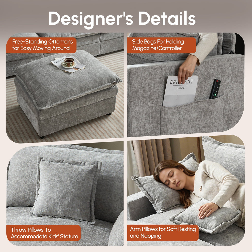 Ovios 108 Modular Sectional Sofa U-Shaped Cloud Couch with 2 Ottomans, Comfy Living Room Furniture, Chenille, Gray