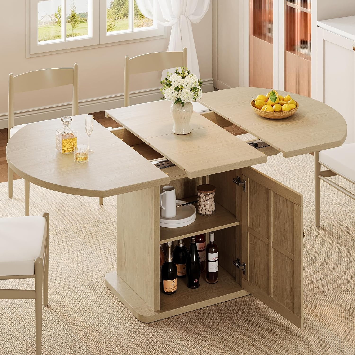 iPormis Extendable Round Dining Table for 4-6, 59'' Modern Kitchen Table with 2-Tier Storage Shelf, Wood Door, MDF Board, Space Saving Oval Dinner with Sturdy Pedestal Base, Kitchen, Dining,Walnut