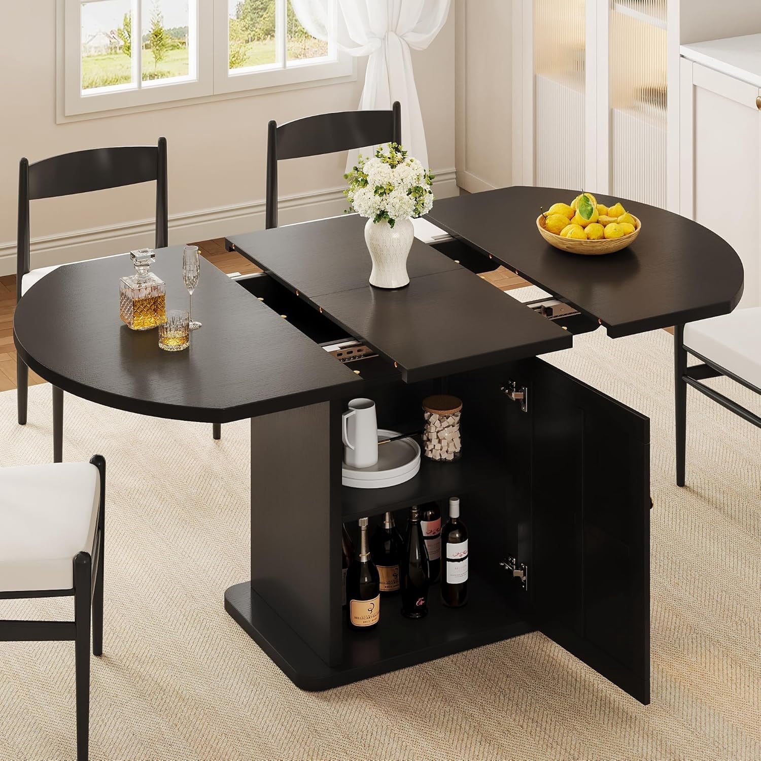 iPormis Extendable Round Dining Table for 4-6, 59'' Modern Kitchen Table with 2-Tier Storage Shelf, Wood Door, MDF Board, Space Saving Oval Dinner with Sturdy Pedestal Base, Kitchen, Dining, Natural
